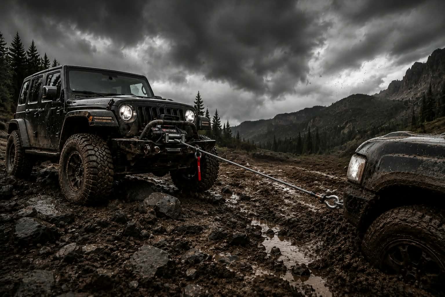 Black Jeep winching a stuck vehicle in the mud